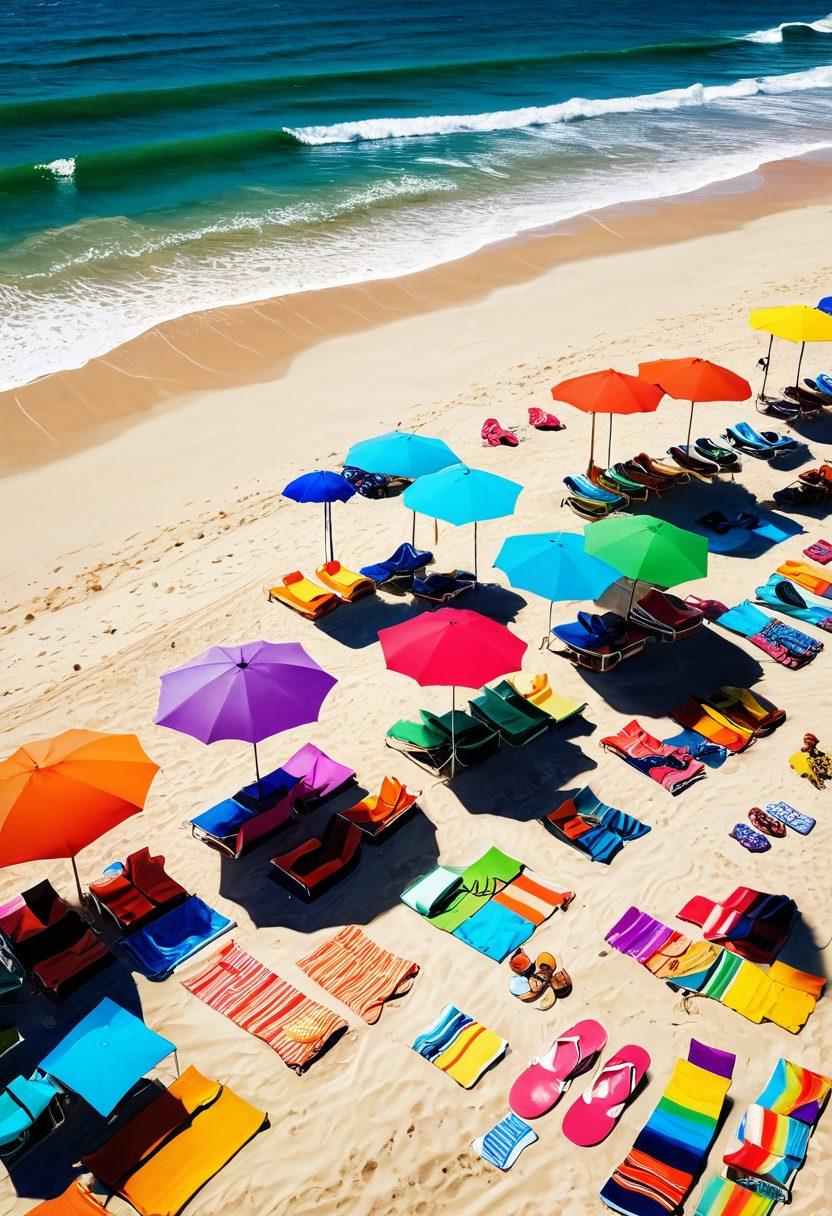 A vibrant beach scene showcasing a diverse array of beachwear essentials such as colorful swimsuits, stylish cover-ups, sun hats, and flip-flops, all arranged artistically on a sandy beach with rolling waves in the background. Bright sun illuminating the scene with cheerful beachgoers enjoying the atmosphere. super-realistic. vibrant colors. sunny day.