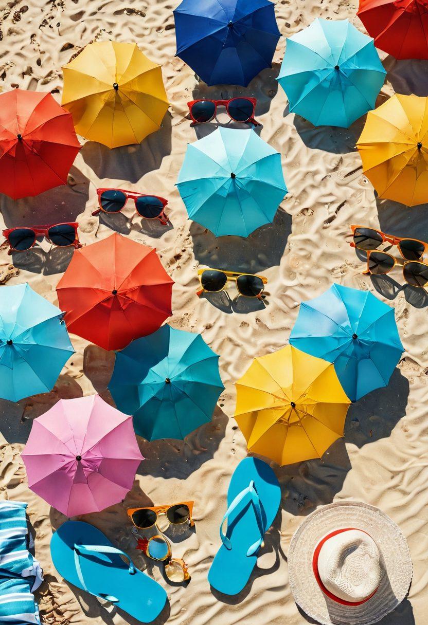 A vibrant beach scene showcasing a diverse group of people enjoying summer, wearing stylish beachwear and the latest bikini trends. The setting features colorful beach umbrellas, sparkling turquoise water, and a clear blue sky. Include beach accessories like flip-flops, sunglasses, and beach towels to create a festive atmosphere. The focus should be on fashion and fun, capturing the essence of a perfect summer day. super-realistic. vibrant colors. bright sunlight.